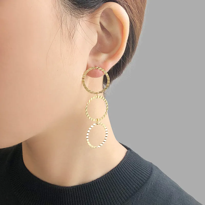 Triple circle Gold Sterling Silver Pull-Thru Chain Earrings