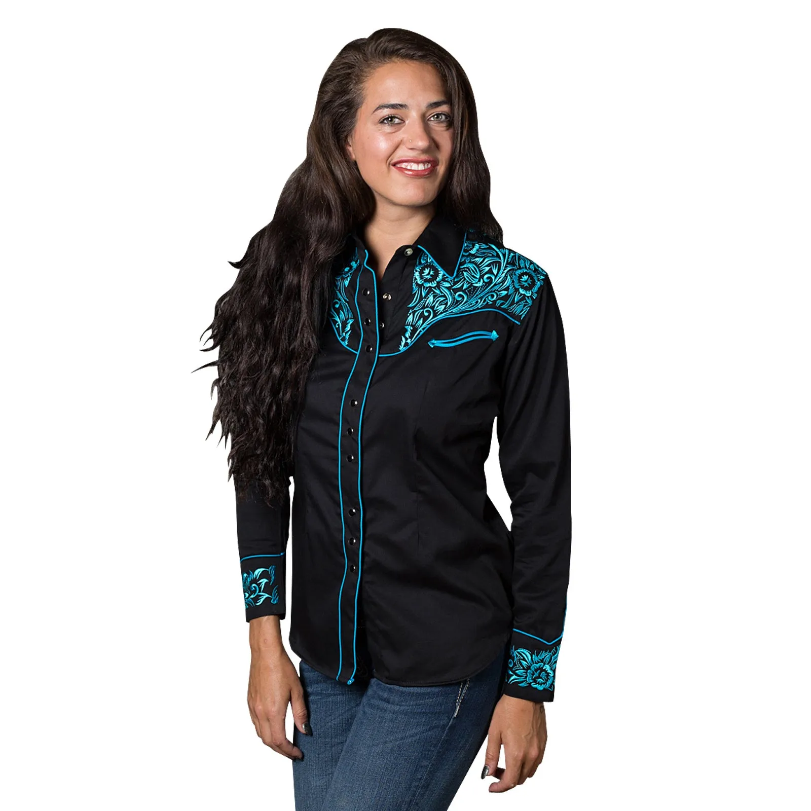 Women's Vintage Tooling Embroidery Black & Turquoise Western Shirt