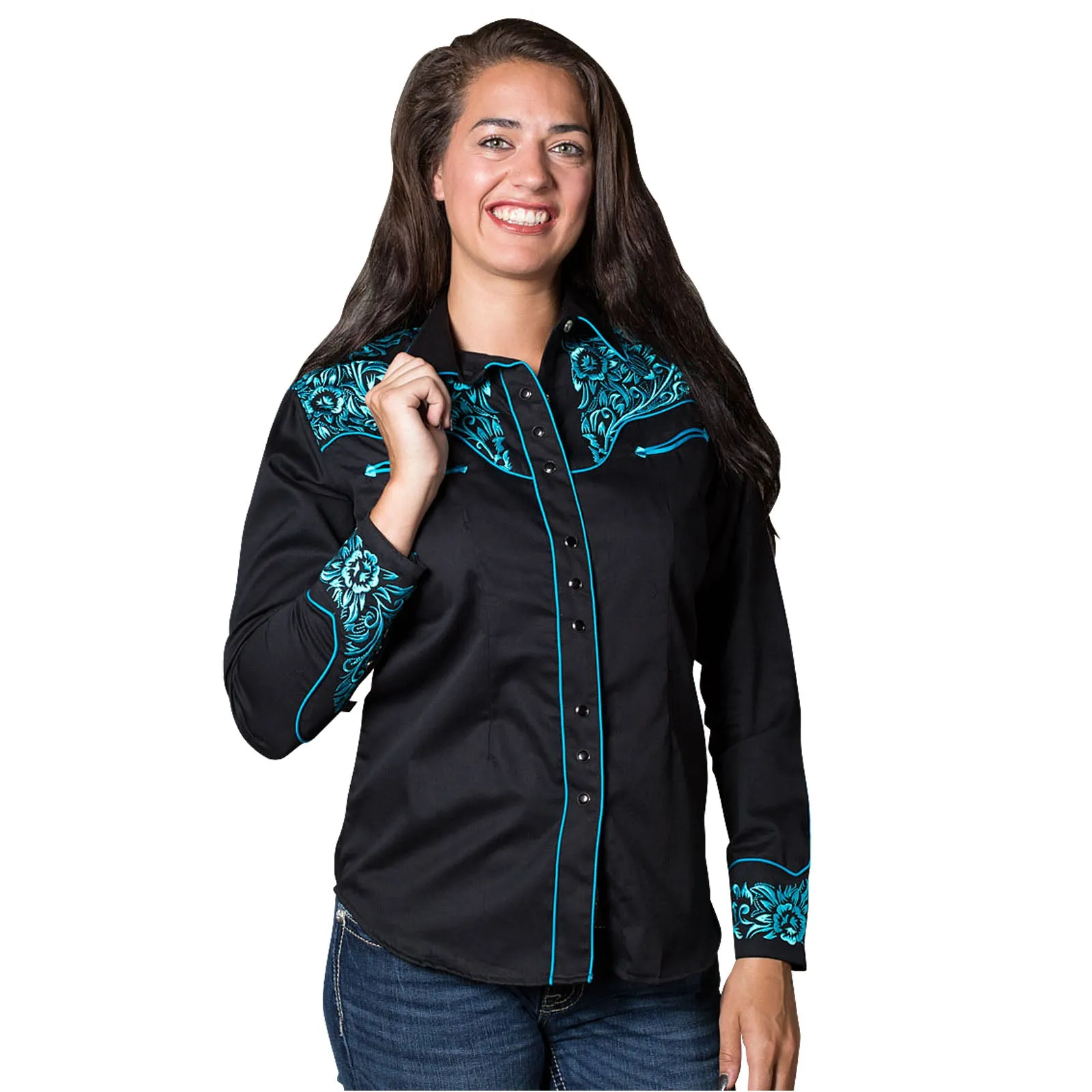 Women's Vintage Tooling Embroidery Black & Turquoise Western Shirt