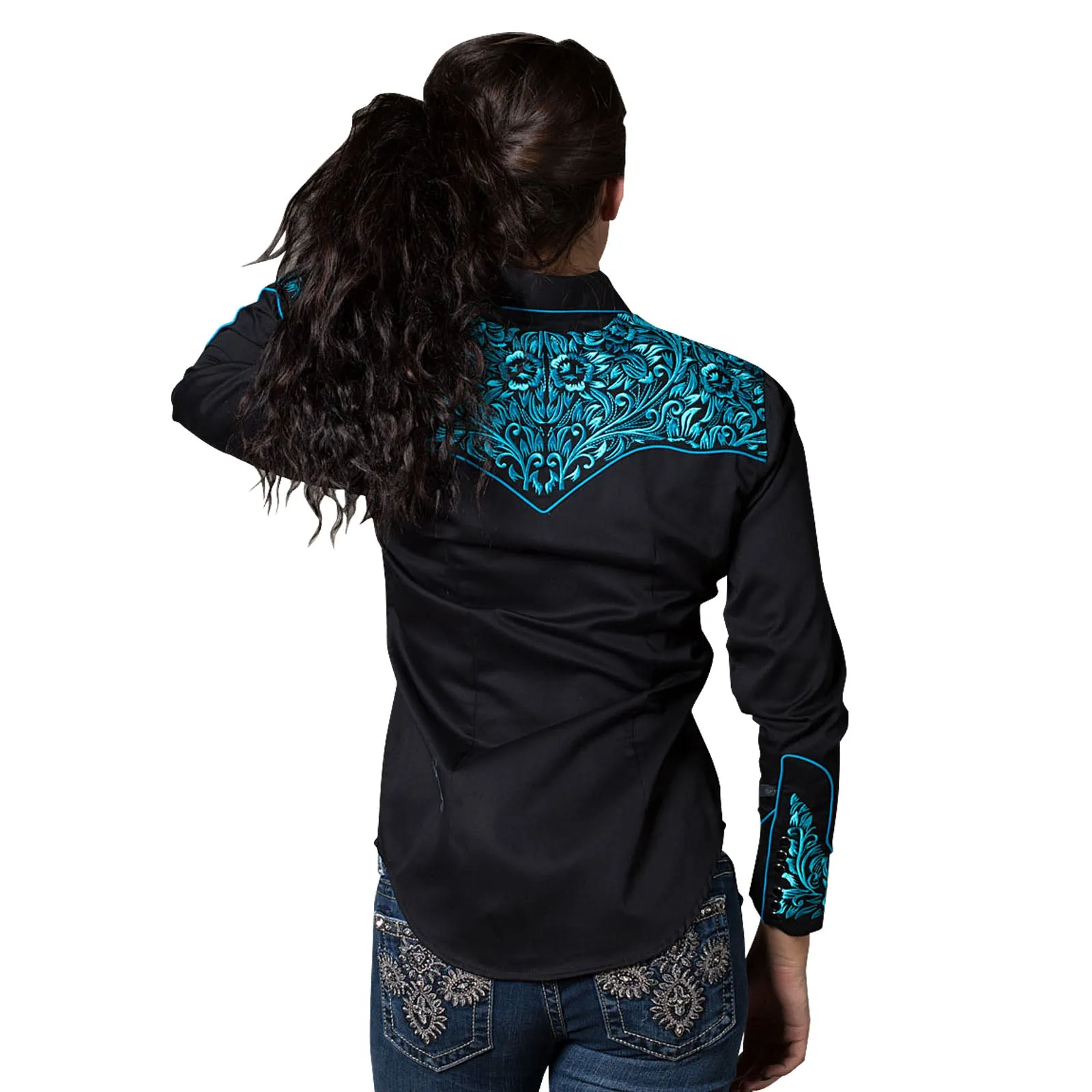 Women's Vintage Tooling Embroidery Black & Turquoise Western Shirt